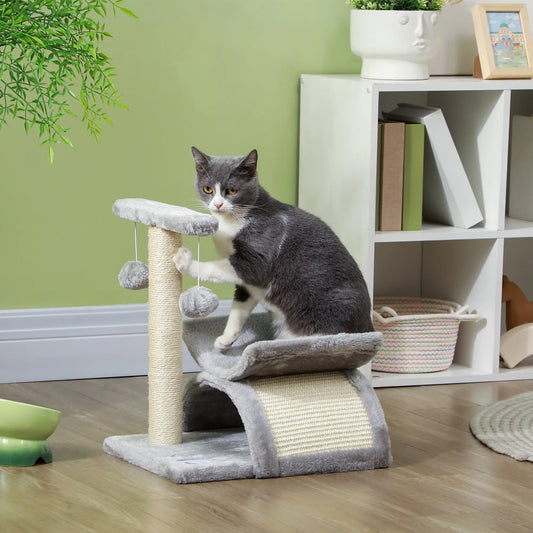 17" Small Cat Tree, Scratching Post, Rotatable Top Pole, Platform, 2 Dangling Balls, Light Grey Cat Trees Light Grey at Gallery Canada