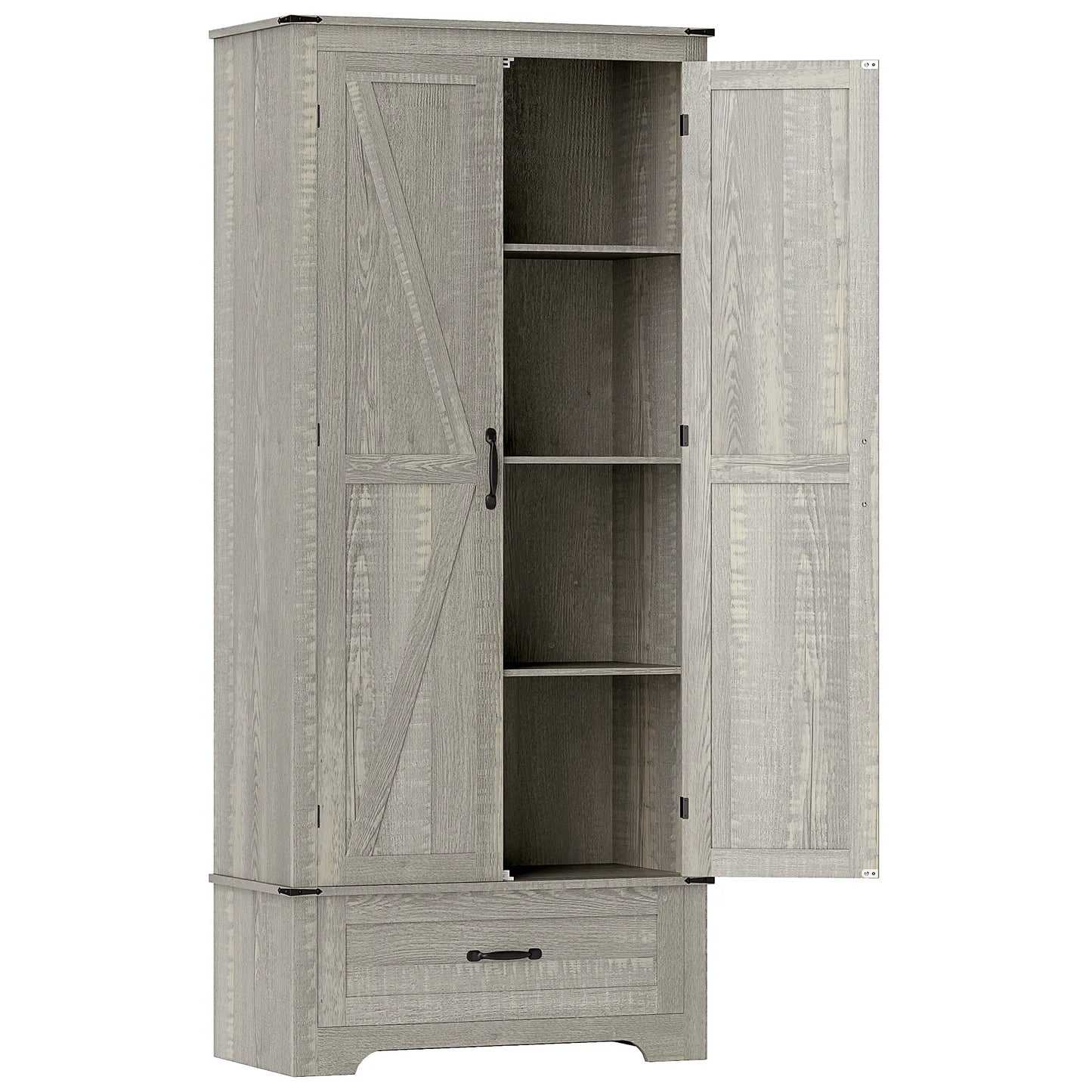 72" Farmhouse Pantry Cabinet, Adjustable Shelves, 2 Doors, Distressed, Light Grey Storage Cabinets at Gallery Canada