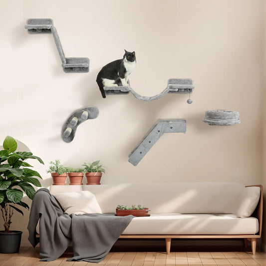 5PCs Cat Wall Shelves, Scratching Post, Ladder, Bed, Platform Cat Climbing Wall Grey, Beige at Gallery Canada