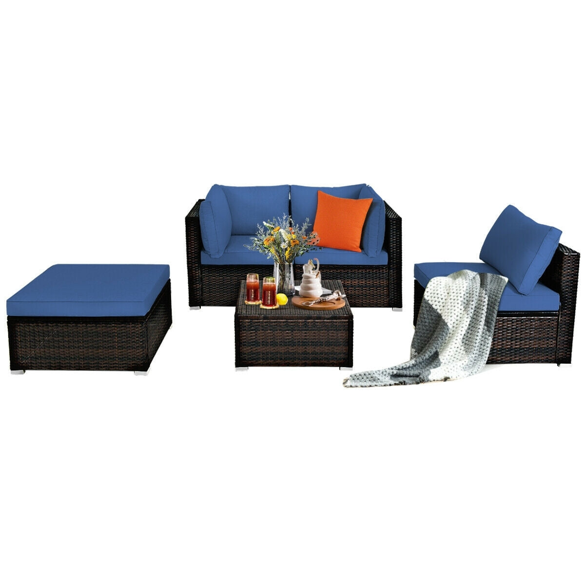 5-Piece Patio Rattan Sofa Set With Cushion And Ottoman, Navy