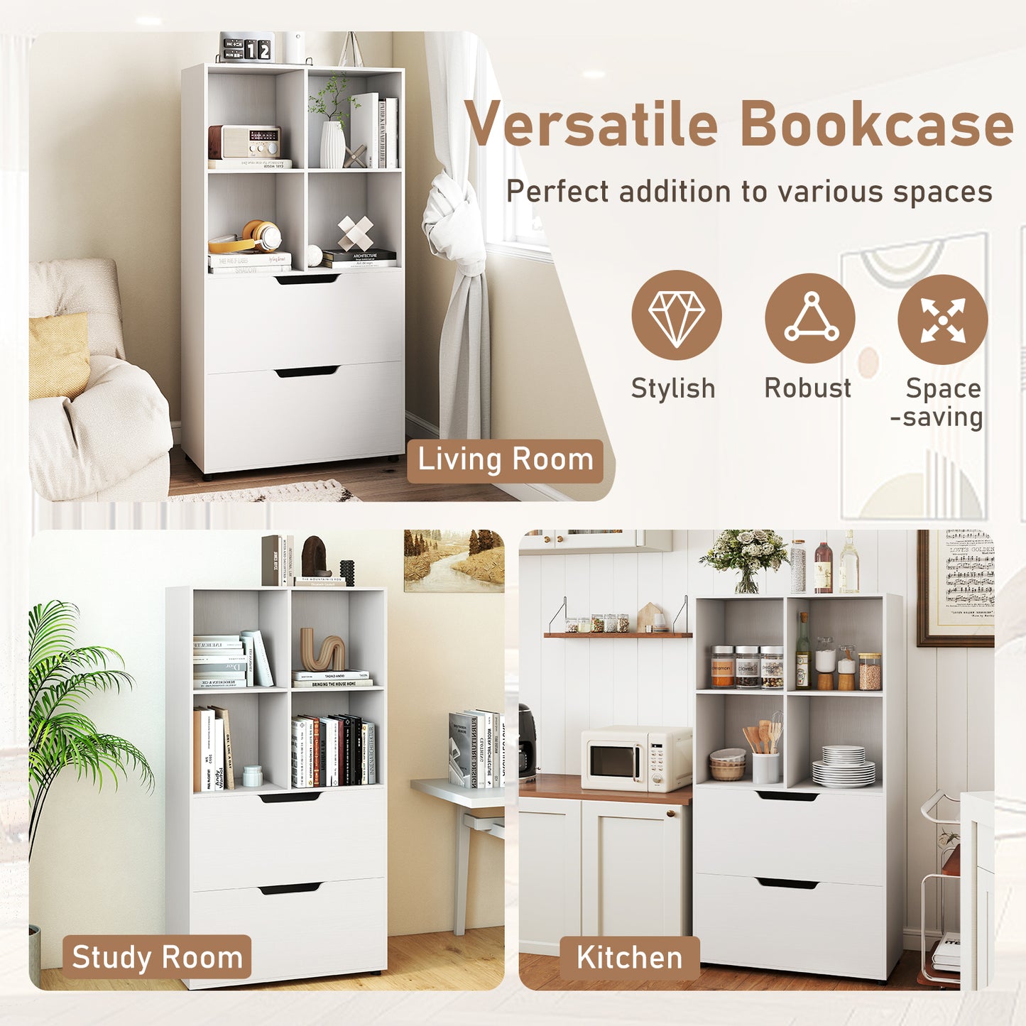 4-Cube Bookcase With 2 Drawers, 51 Inch, 5-Tier Bookshelf, White Bookcases at Gallery Canada