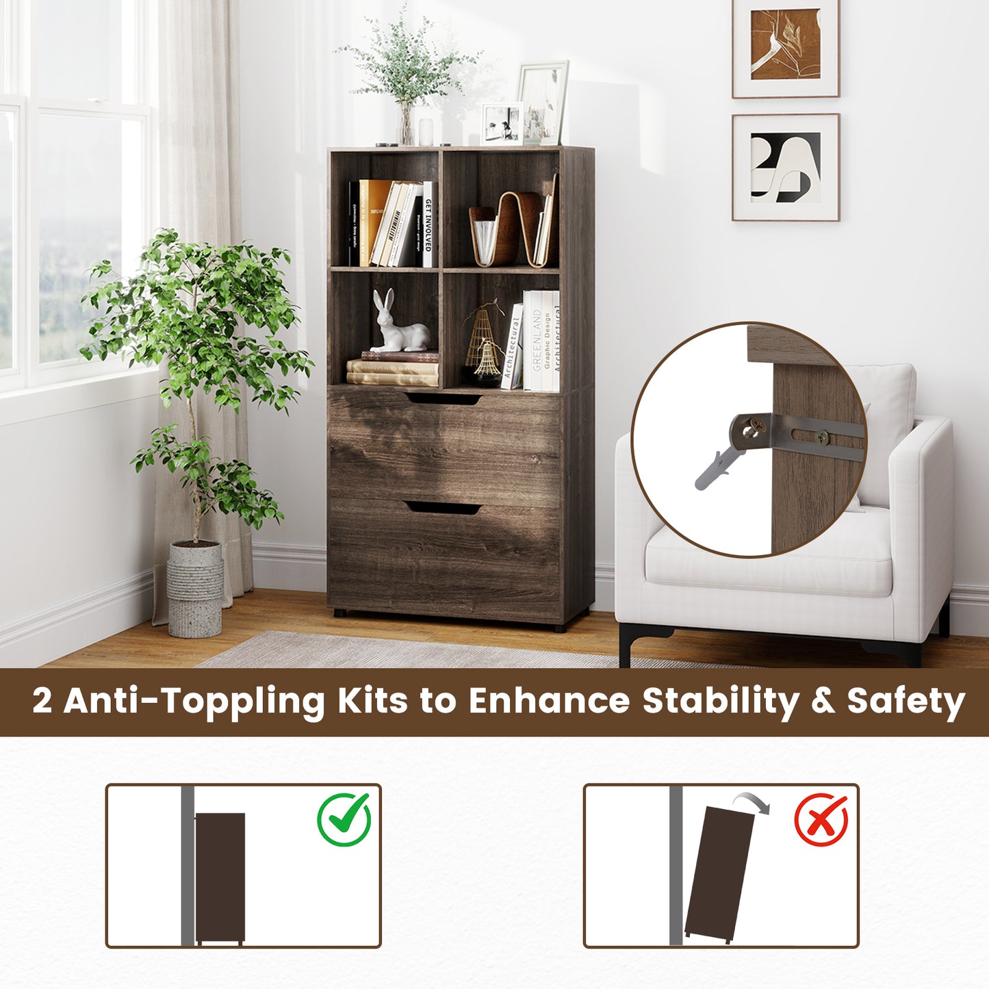 4-Cube Bookcase with 2 Drawers 51 inch 5-Tier Tall Freestanding Bookshelf, Gray Bookcases at Gallery Canada
