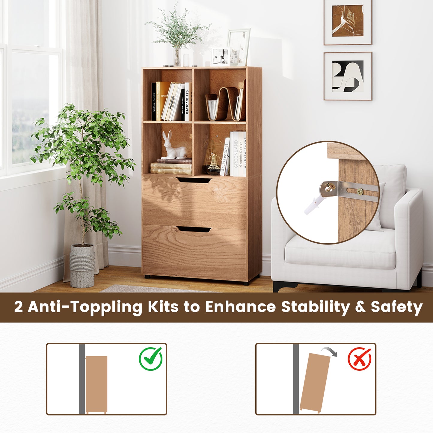 4-Cube Bookcase with 2 Drawers 51 inch 5-Tier Tall Freestanding Bookshelf, Natural Bookcases at Gallery Canada