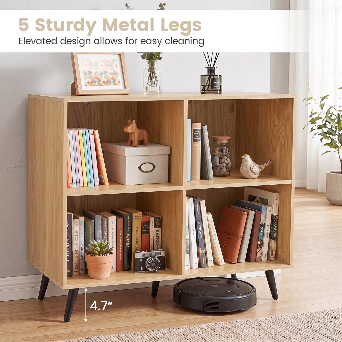 4-Cube Wooden Bookshelf with 5 Metal Legs, Natural