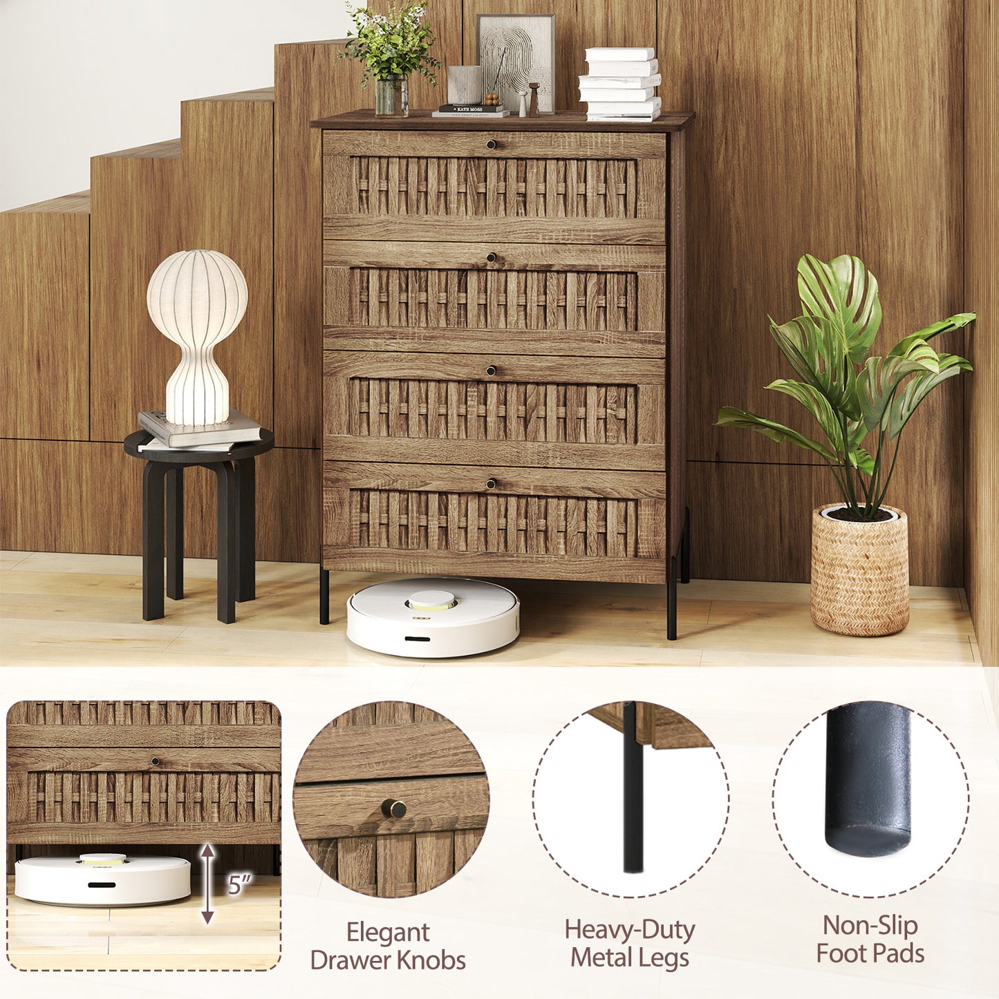 4-Drawer Dresser with Interlocking Mechanism and Metal Legs for Bedroom, Oak Dressers & Chests at Gallery Canada