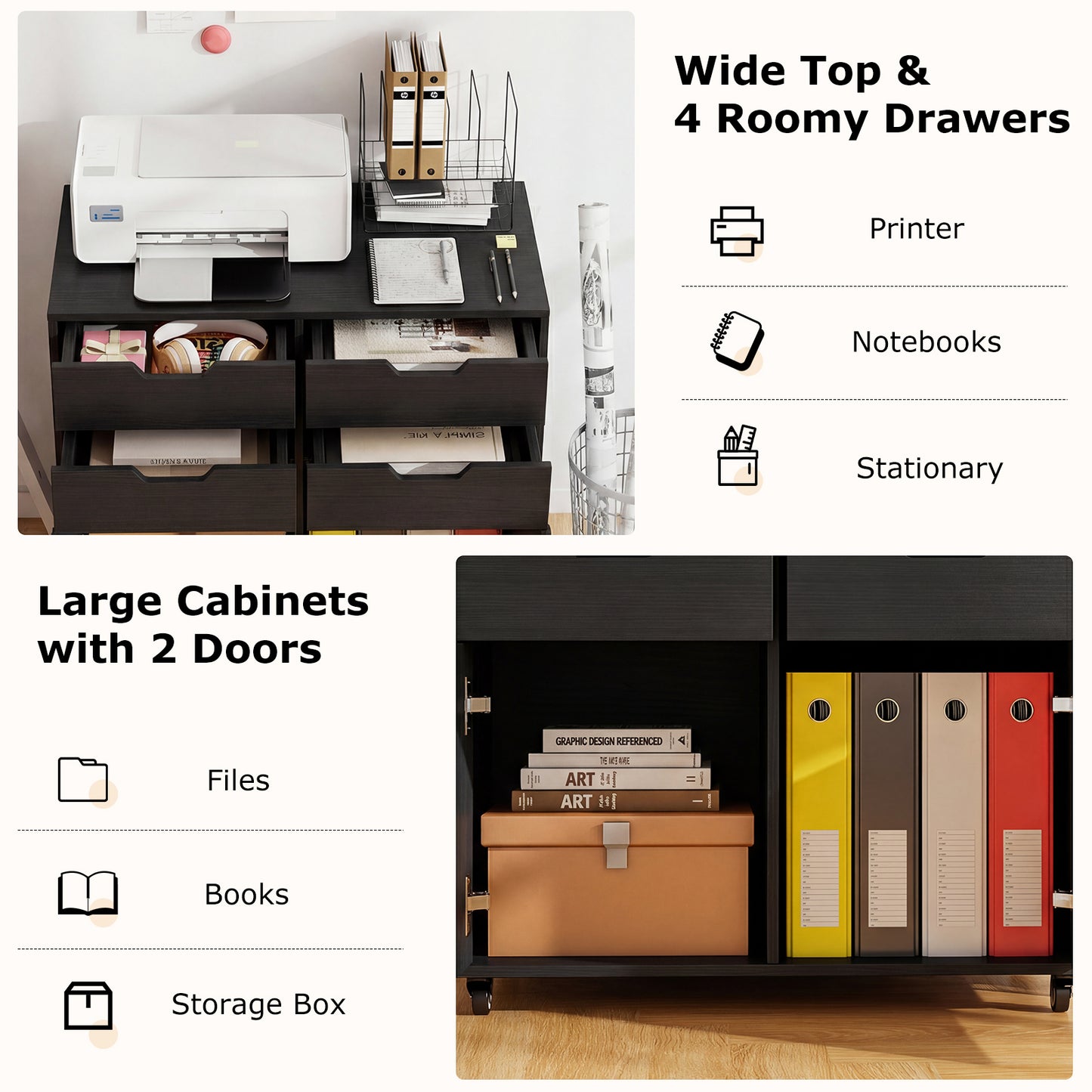 4 Drawer File Cabinet With Wheels, Black File Cabinets at Gallery Canada