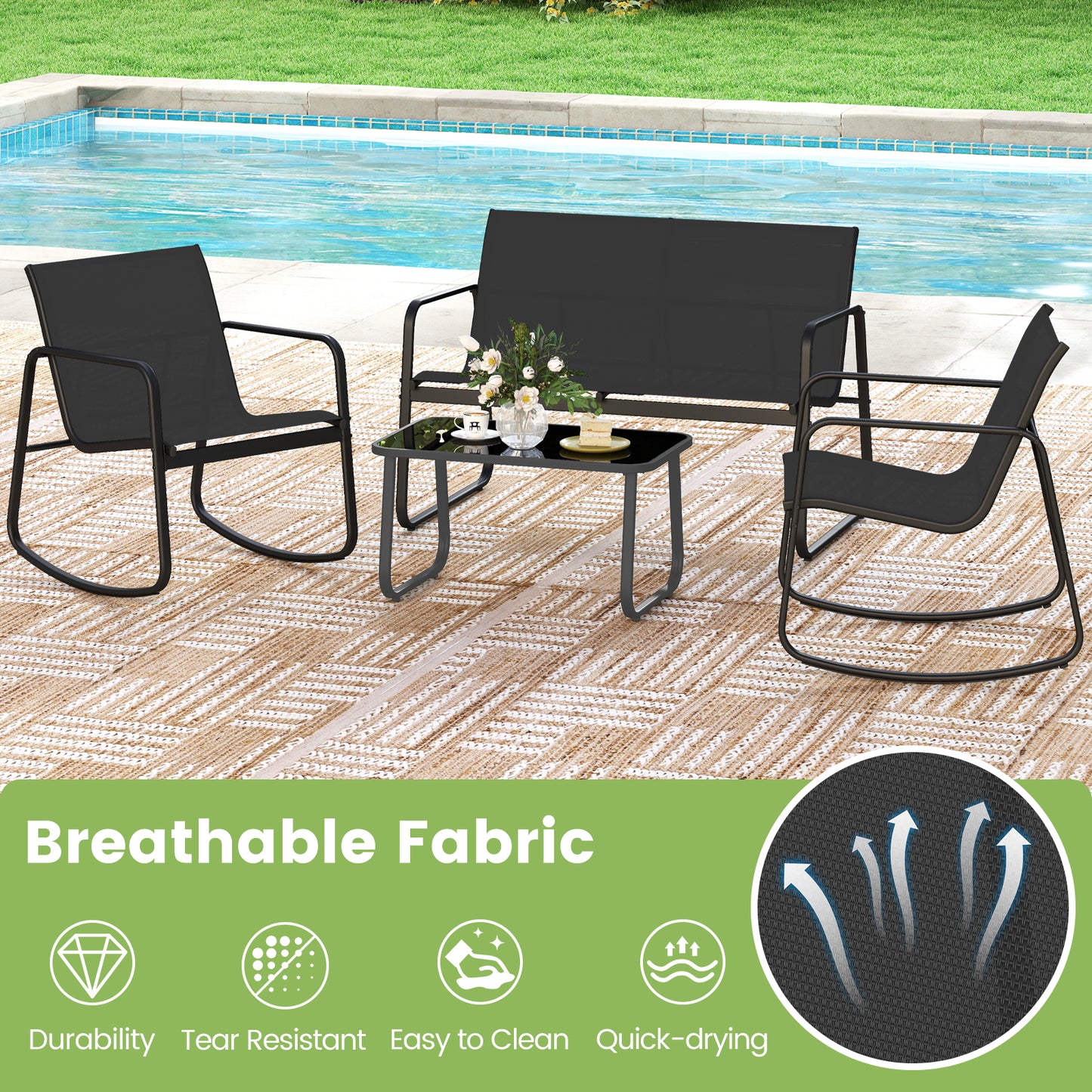 4 PCS Patio Furniture Set, Outdoor Rocker Chair, Black Patio Conversation Sets at Gallery Canada