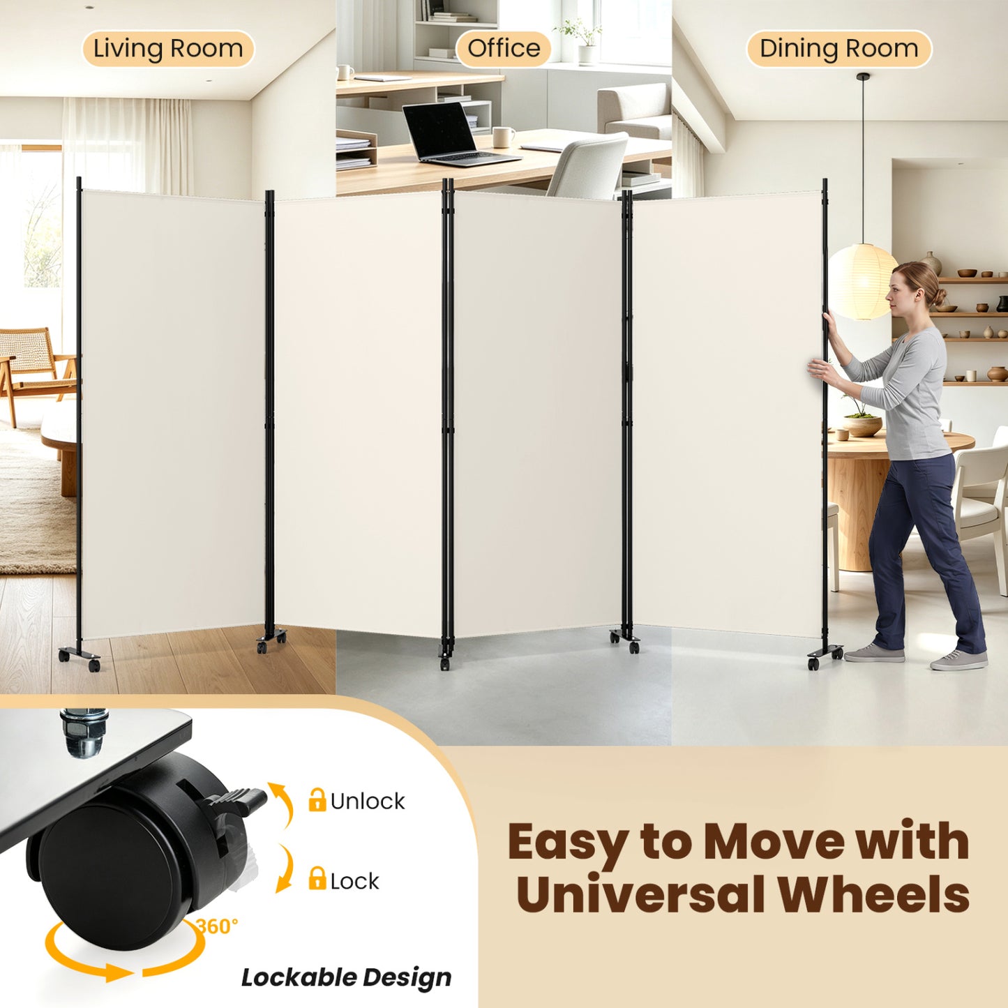 Four Panel Folding Privacy Screen, with Wheels, White