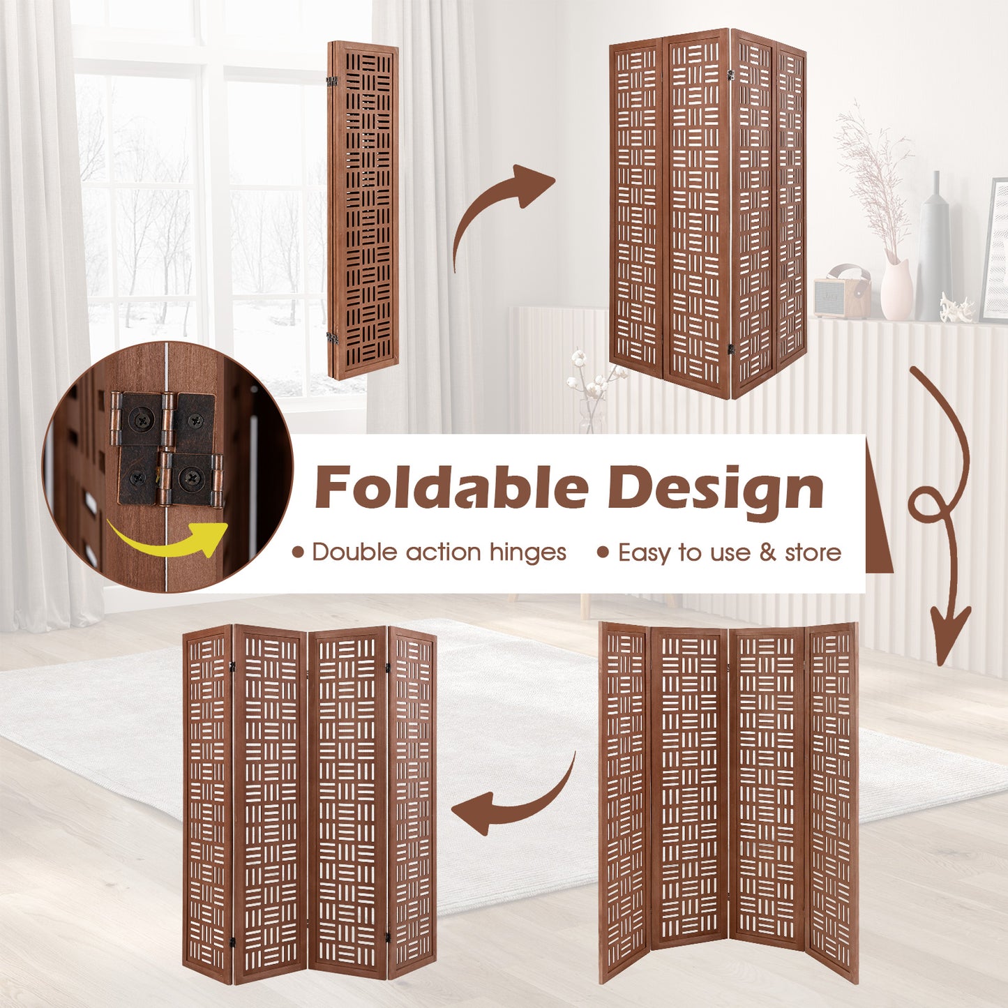 4-Panel Solid Wood Room Divider Folding Partition Stand, Walnut Room Dividers at Gallery Canada
