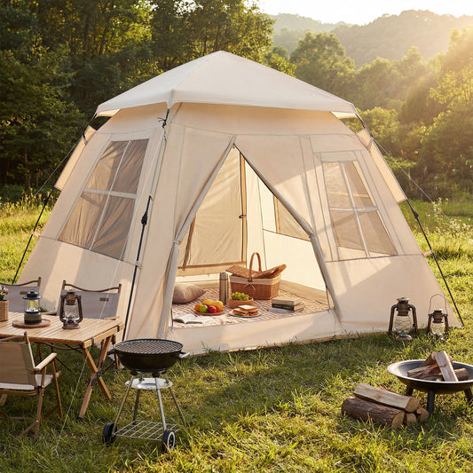 4 Person Camping Tent Portable Automatic Easy Setup with Rainfly and 2 Doors, Beige Tents Beige at Gallery Canada