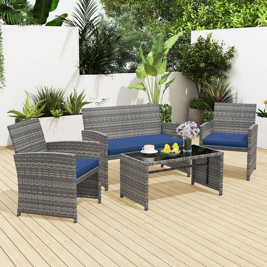 4 Piece Patio Conversation Set Rattan Chair Loveseat and Table Set, Navy Patio Conversation Sets Navy at Gallery Canada