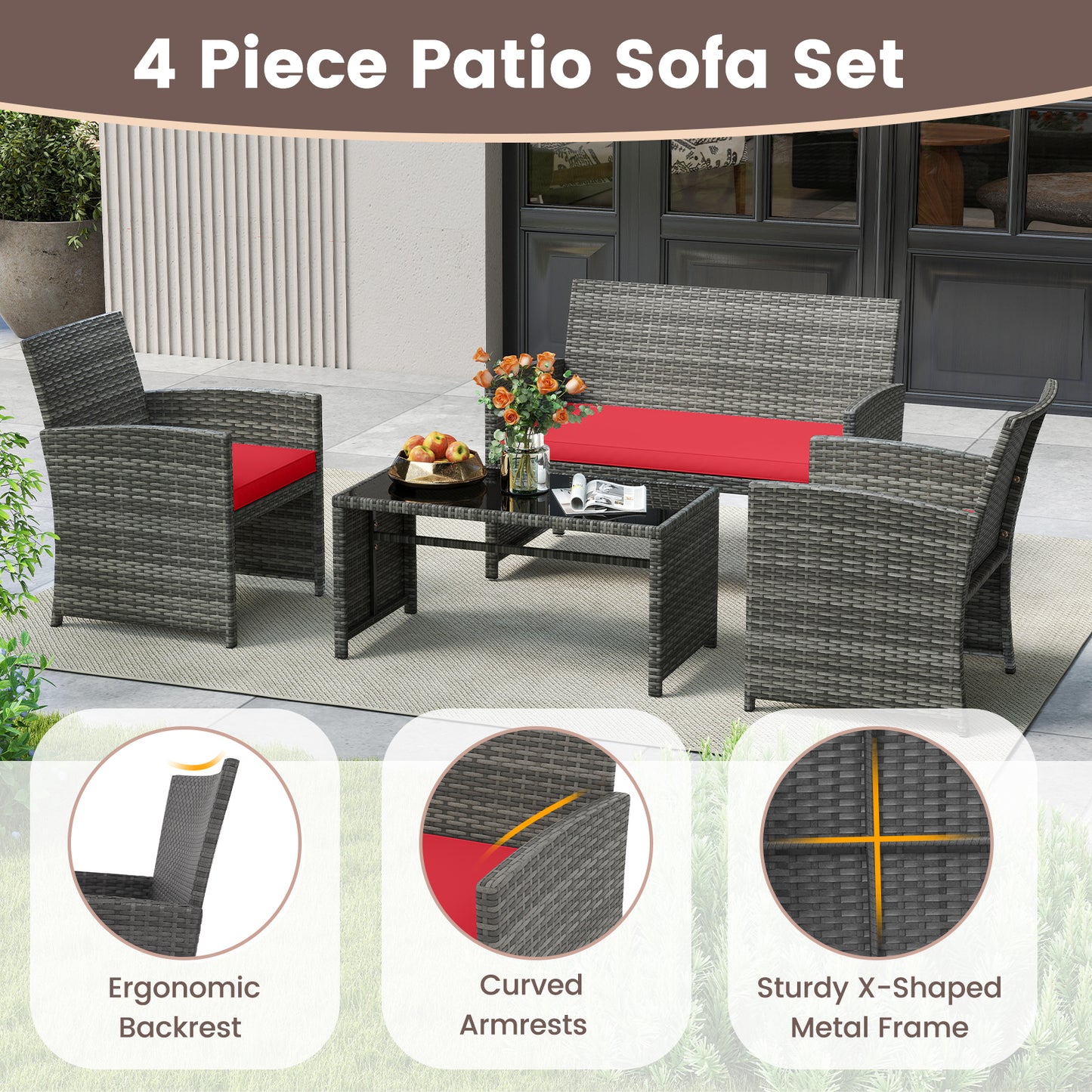 4 Piece Patio Conversation Set, Rattan Chair Loveseat Table, Red Patio Conversation Sets at Gallery Canada