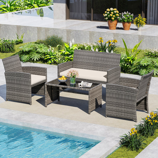 4 Piece Patio Conversation Set, Rattan Chair Loveseat Table, Off White Patio Conversation Sets Off White at Gallery Canada