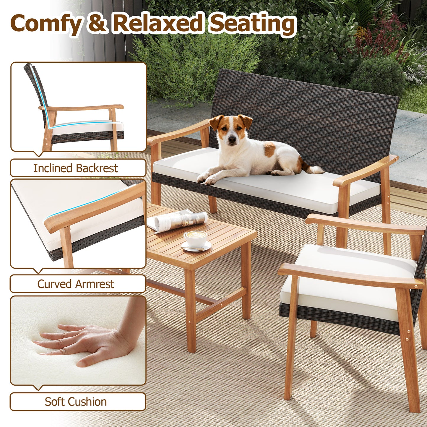 4 Piece Patio Furniture Set PE Rattan Porch Chairs with Acacia Wood Coffee Table and Soft Cushions, White Patio Conversation Sets at Gallery Canada