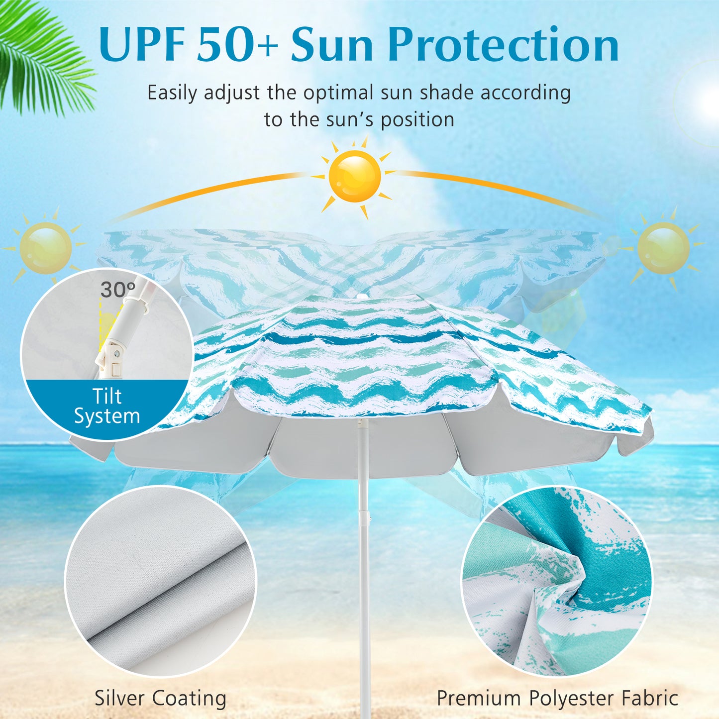 4 Pieces Beach Umbrella Set with 2 Foldable Chairs and Picnic Blanket, Blue Outdoor Umbrellas at Gallery Canada