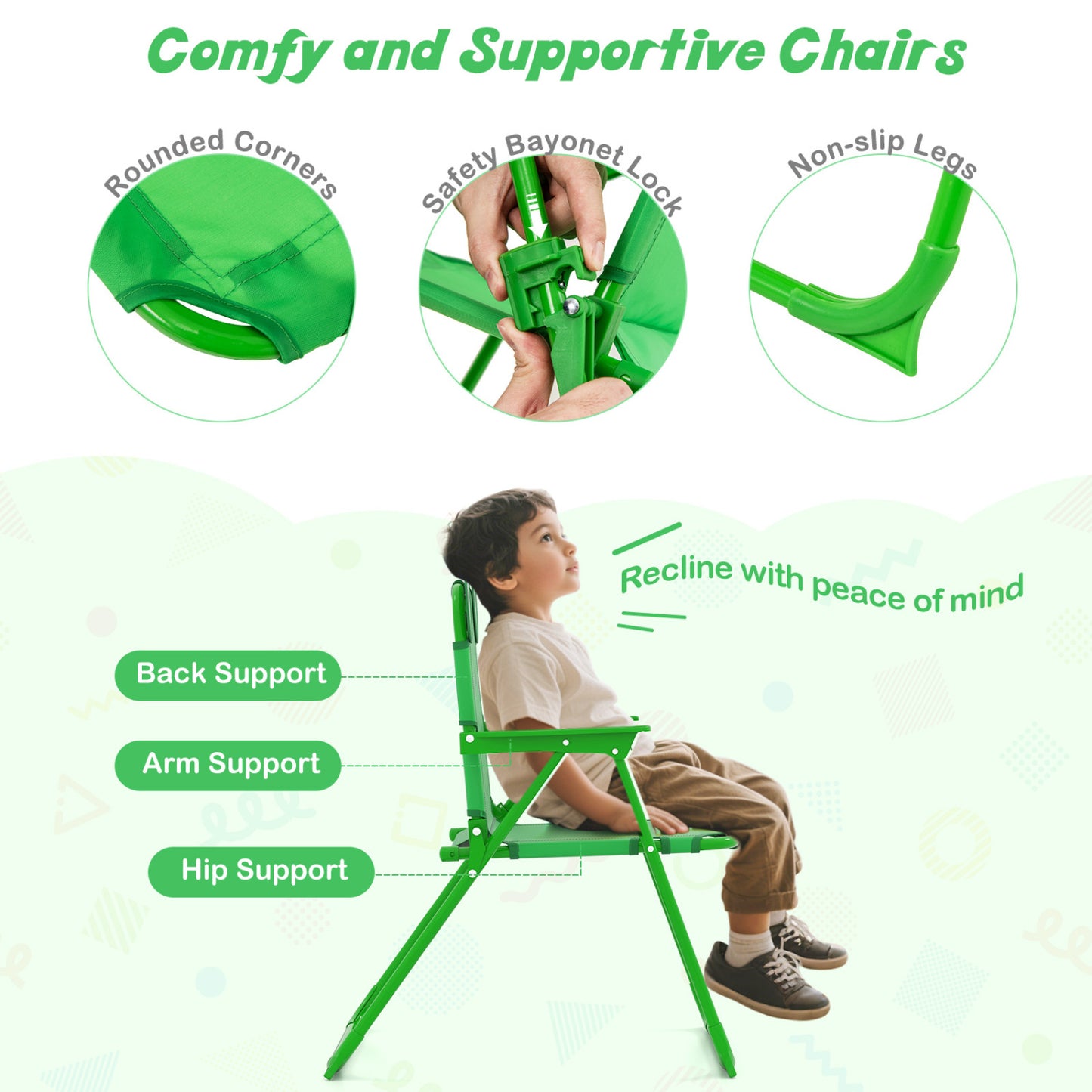 4 Piece Kids Picnic Set, 2 Folding Chairs, Adjustable Umbrella, Green