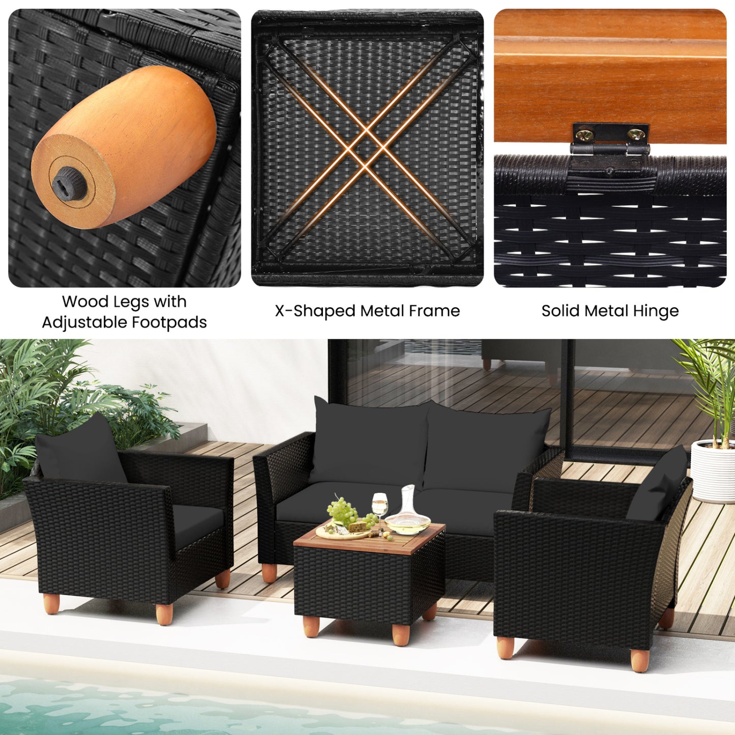 Ensemble de conversation extérieur avec table de rangement, noir