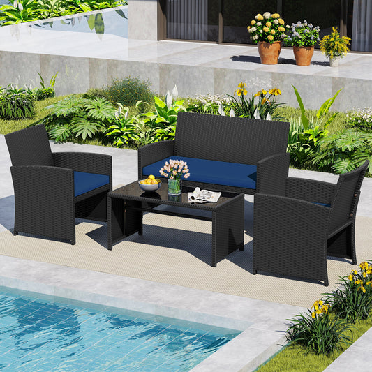4 Piece Patio Set, Tempered Glass Tabletop, Removable Cushion, Navy Patio Conversation Sets Navy at Gallery Canada