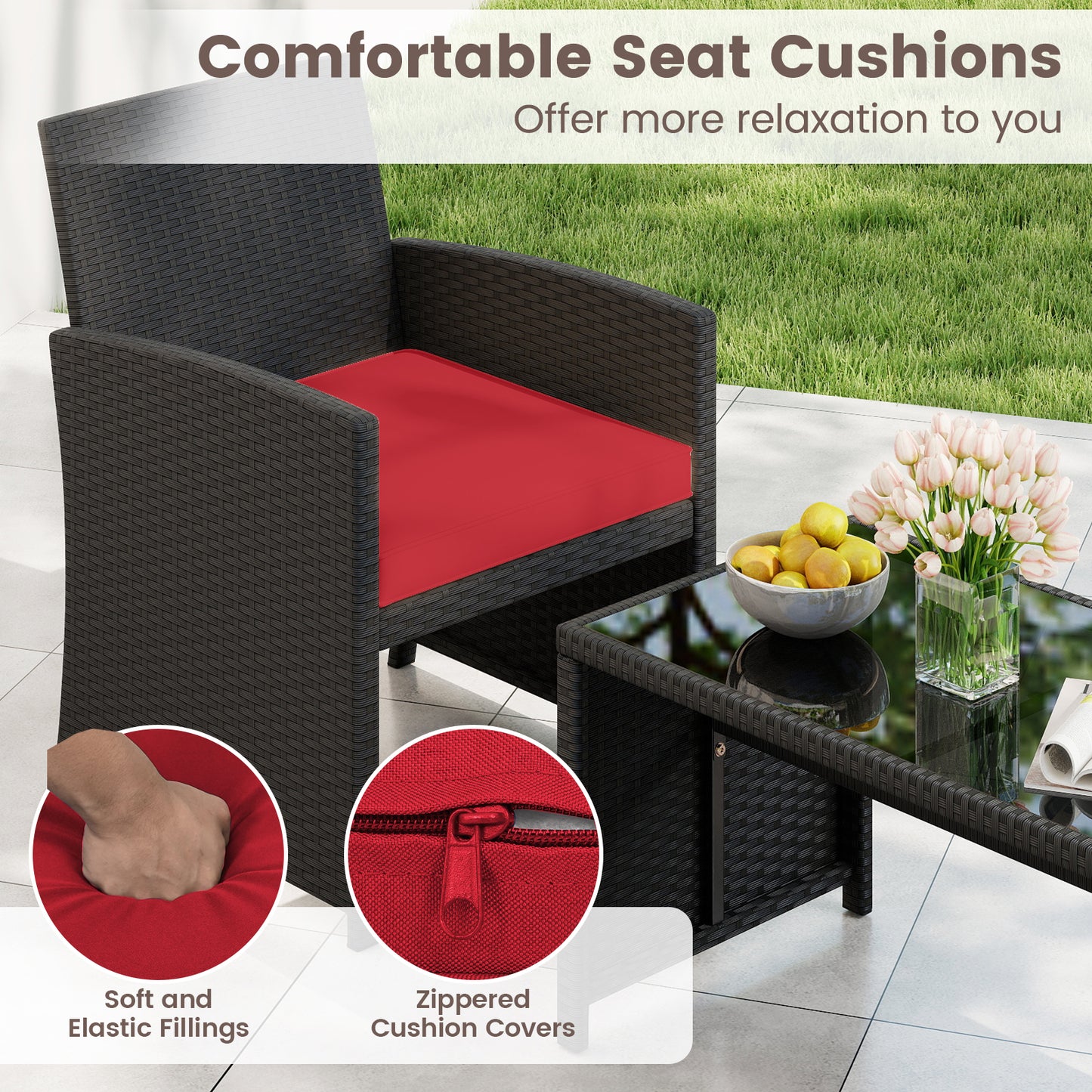 4 Pieces Patio Furniture Set with Tempered Glass Tabletop and Removable Cushion, Red Patio Conversation Sets at Gallery Canada