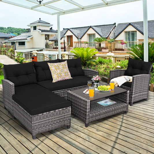 4-Piece Patio Rattan Sofa Set With Cushion, 2-Tier Coffee Table, Black Outdoor Sectionals Black at Gallery Canada