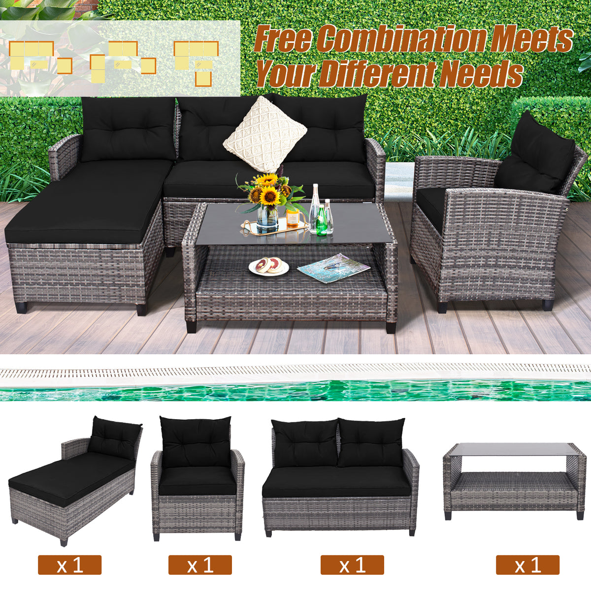 Ensemble de canapé en rotin pour patio 4 pièces avec coussin, table basse, noir gris