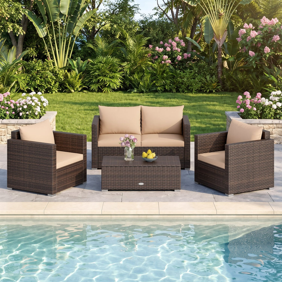 4 Piece Patio Rattan Conversation Set, Brown