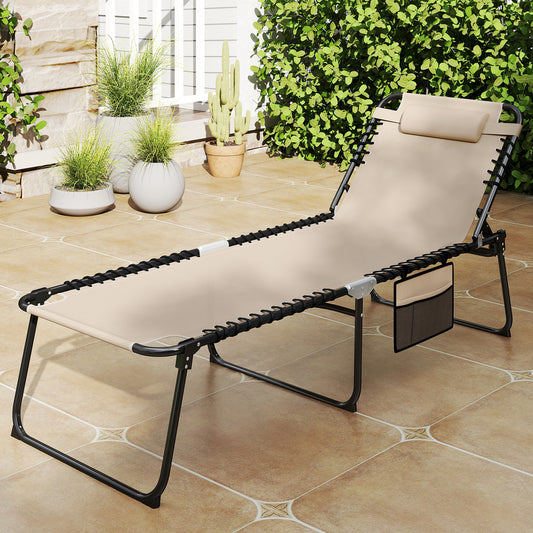 4 Position Folding Lounge Chaise with Adjustable Backrest and Footrest, Beige Outdoor Chaise Lounges Beige at Gallery Canada