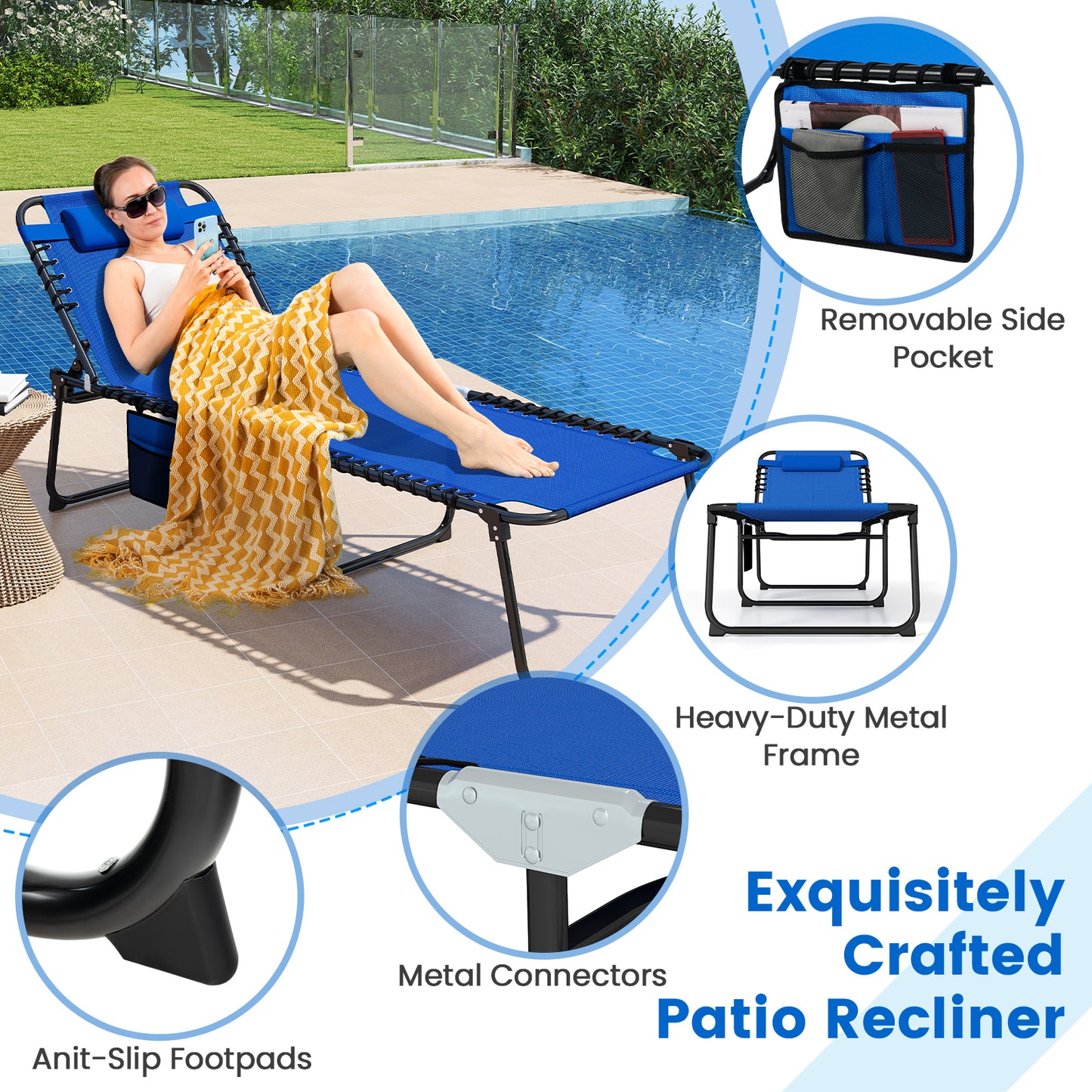 4 Position Folding Chaise, Adjustable Backrest, Footrest, Navy Outdoor Chaise Lounges at Gallery Canada