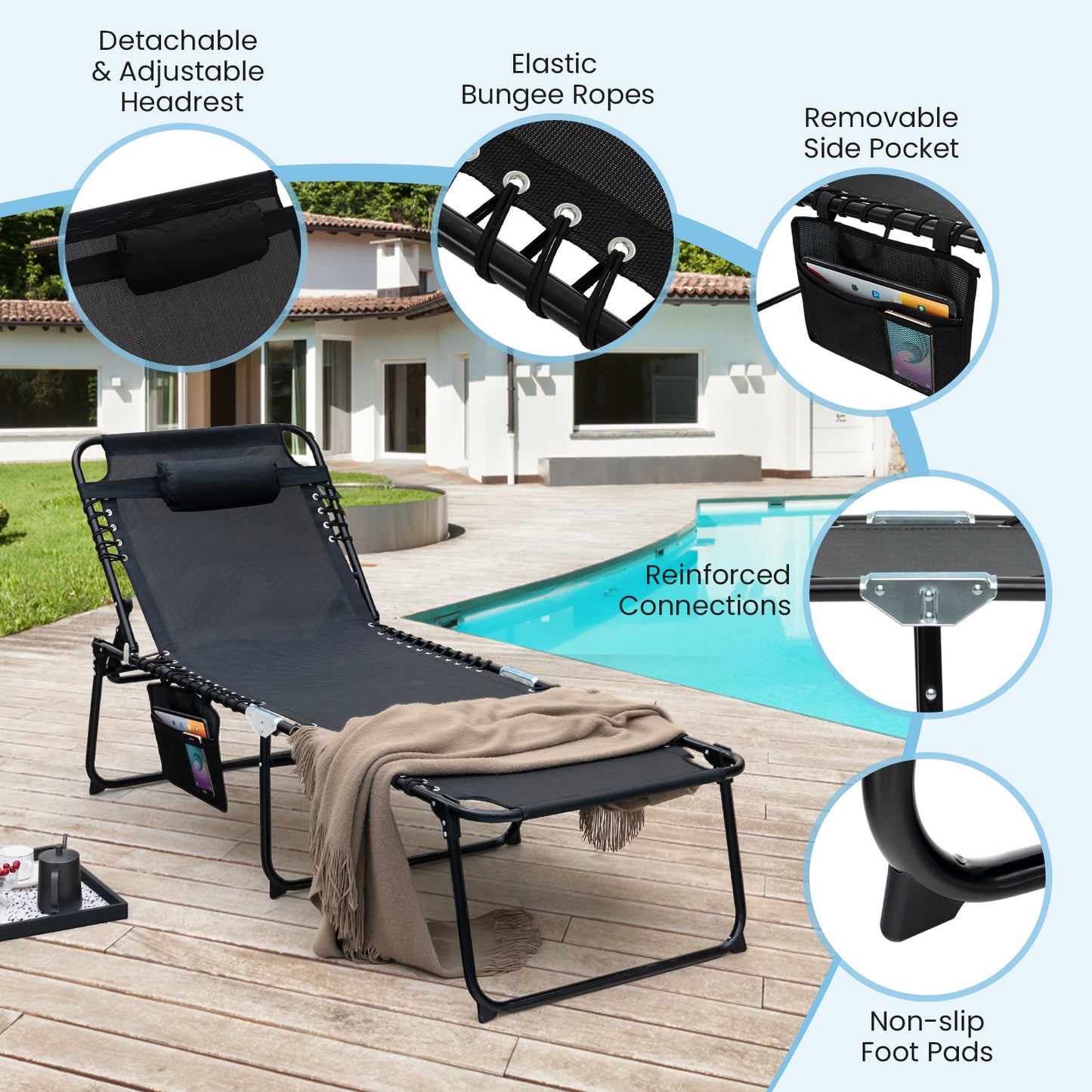 4 Position Folding Lounge Chaise, Adjustable Backrest And Footrest, Black Outdoor Chaise Lounges at Gallery Canada