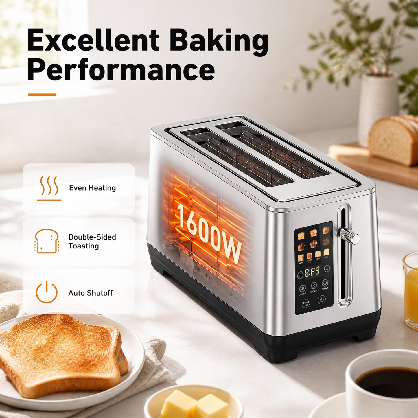 4 Slice Toaster, 6 Browning Levels, 4 Bread Types, Silver