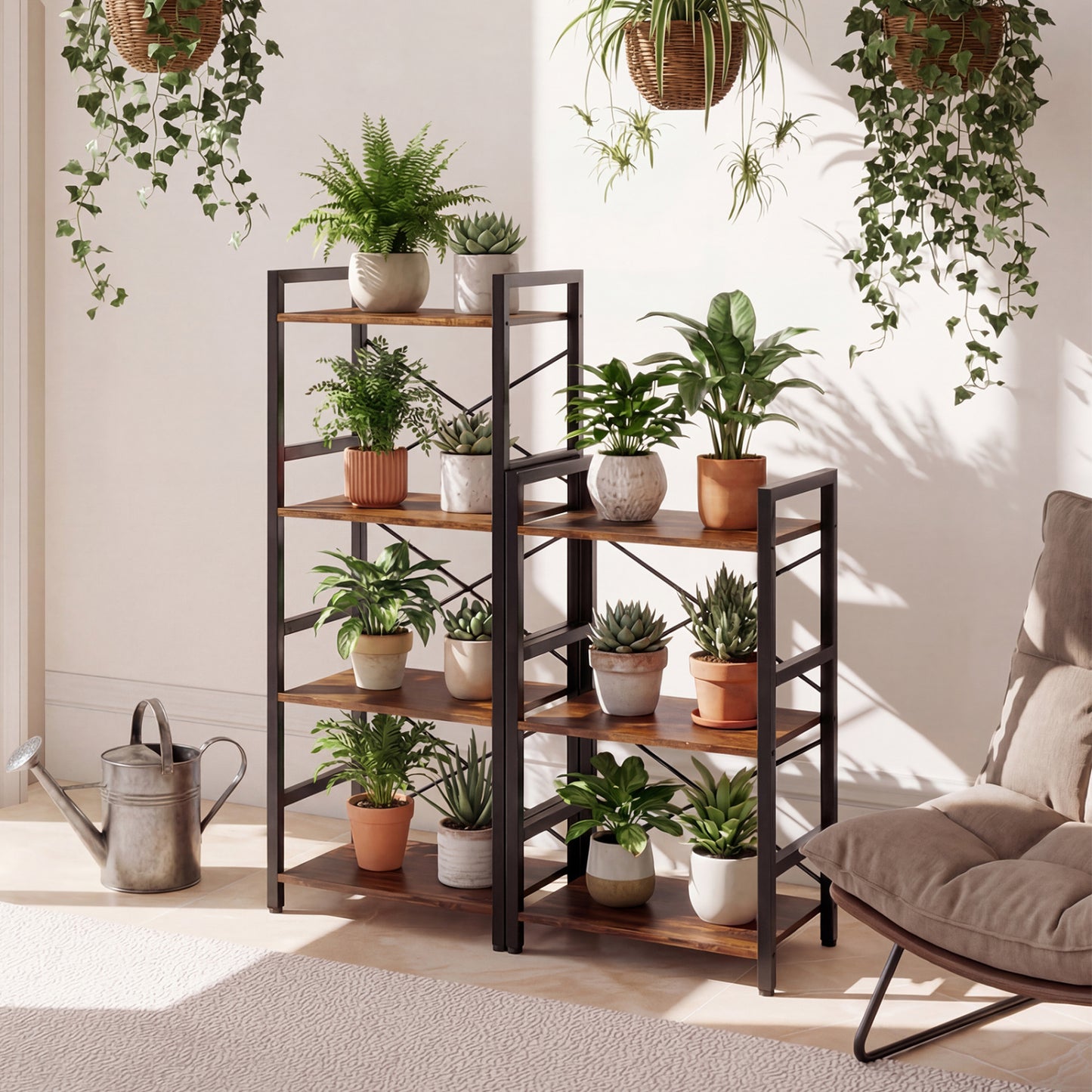 4-Tier Narrow Bookshelf, Freestanding, Metal Frame, Rustic Brown Bookcases at Gallery Canada