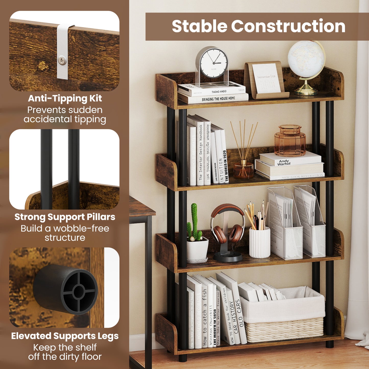 4-Tier Bookshelf Open Bookcase with Anti-Tipping Kit Industrial Storage Unit, Rustic Brown Bookcases at Gallery Canada
