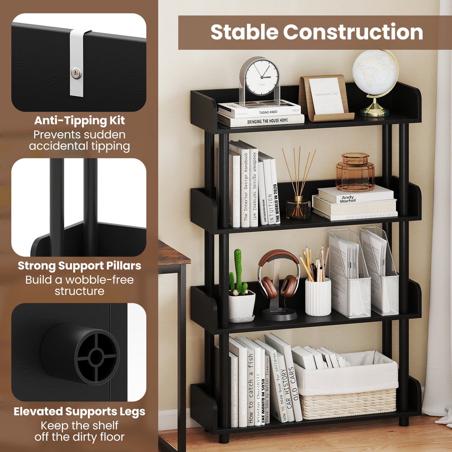 4-Tier Bookshelf Open Bookcase with Anti-Tipping Kit Industrial Storage Unit, Black Bookcases at Gallery Canada