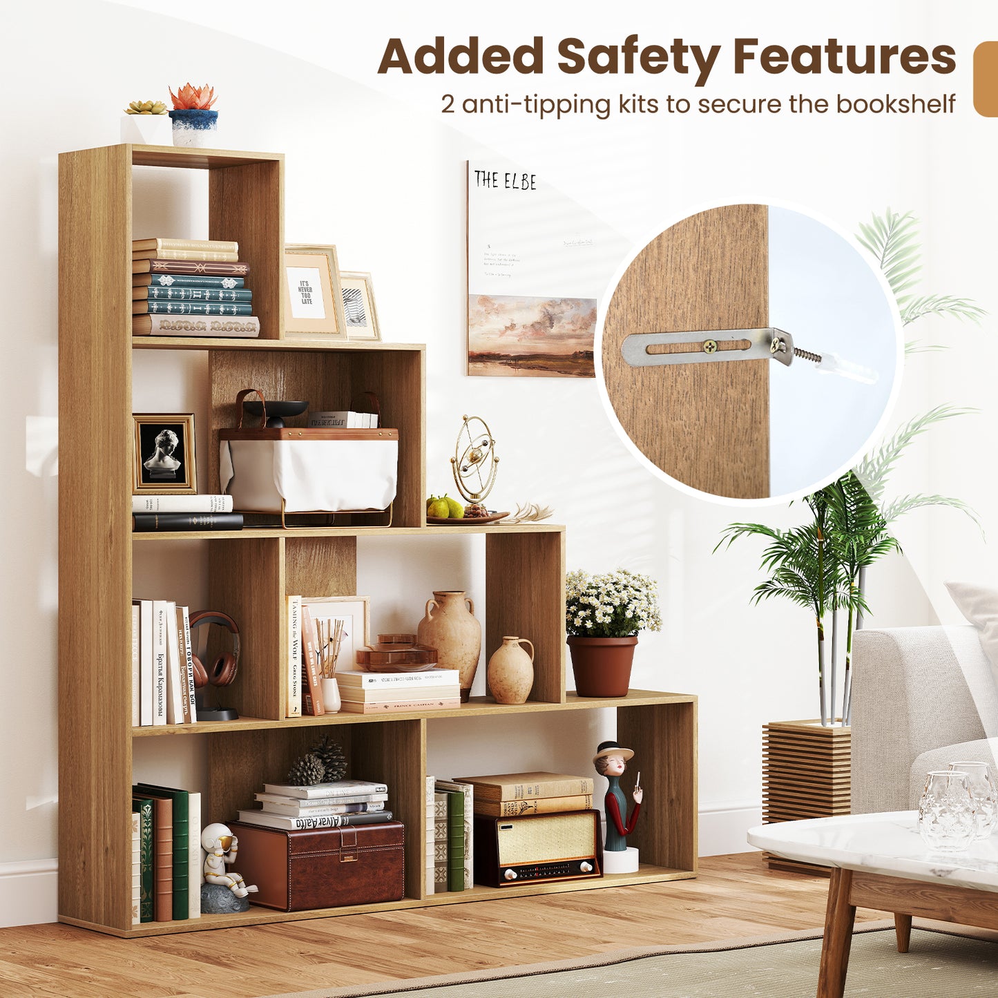 4-Tier Bookshelf Stair Bookcase, 6 Cube Display Rack, Natural Bookcases at Gallery Canada