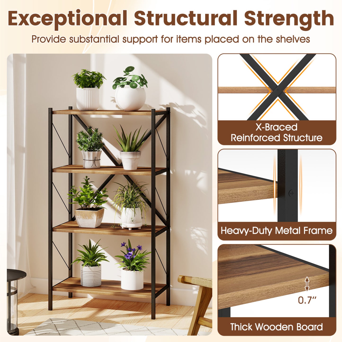 4-Tier Bookshelf with Heavy-Duty Metal Frame, Walnut Bookcases at Gallery Canada