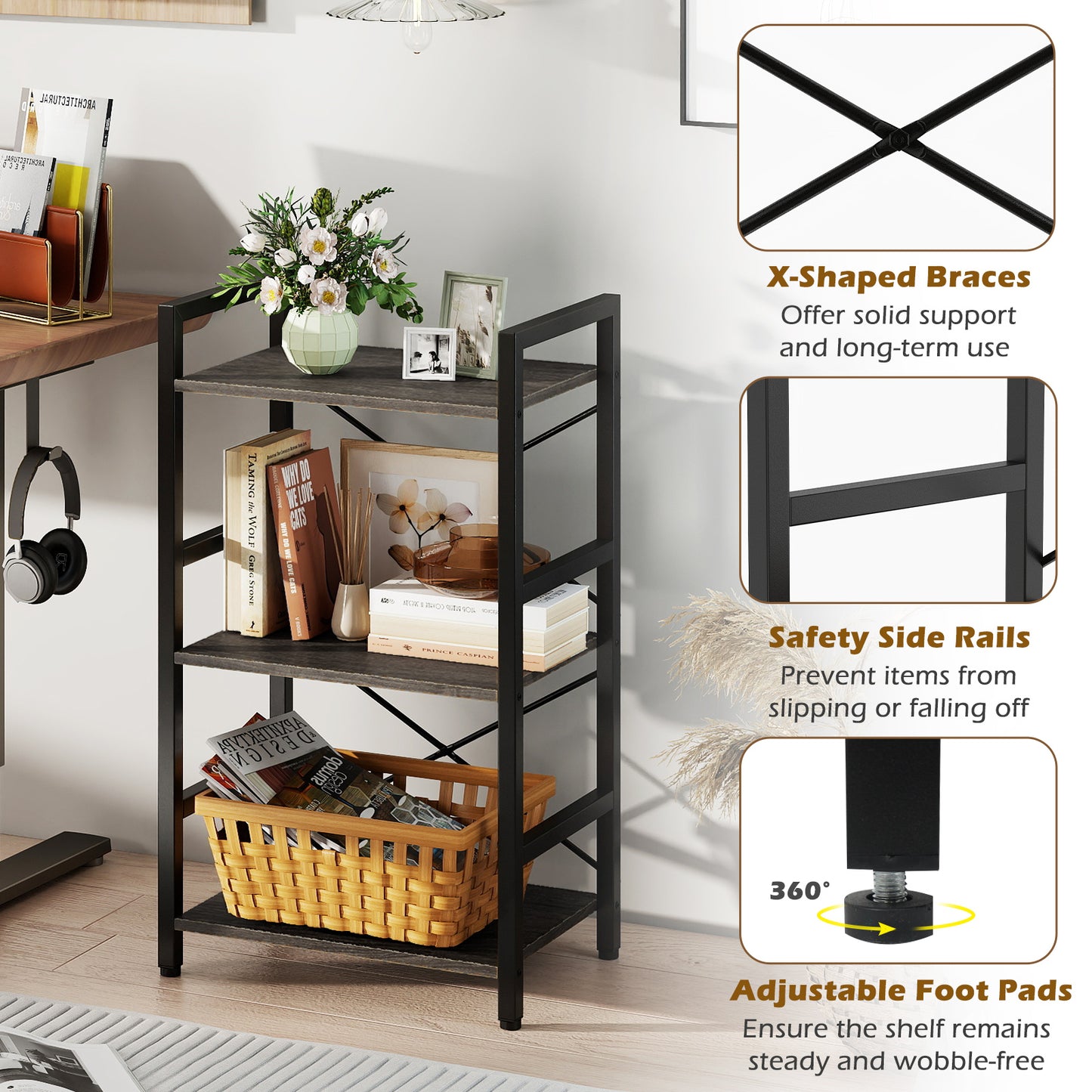 4-Tier Bookshelf, Metal Frame, Wooden Racks, For Study, Oak Bookcases at Gallery Canada