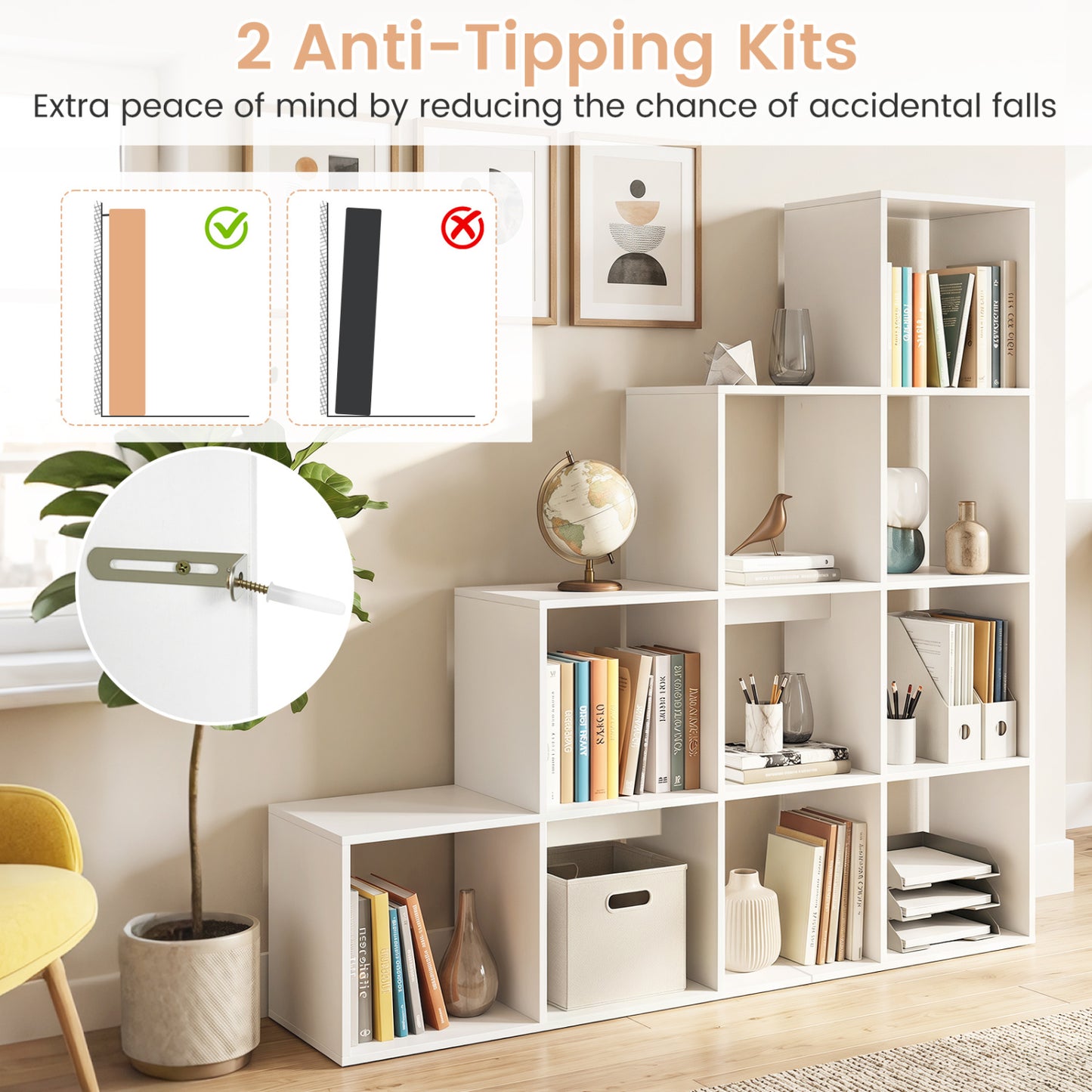 4-Tier Bookshelf With 2 Anti-Tipping Kits, White