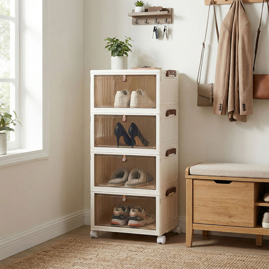 4-Tier Collapsible Shoe Box, Lid Doors, Lockable Wheels, White Shoe Racks & Storage Benches White at Gallery Canada