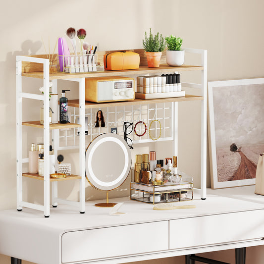 4-Tier Desk Shelf, Metal Grid Panel, 6 Hooks, Natural Bookcases Natural at Gallery Canada