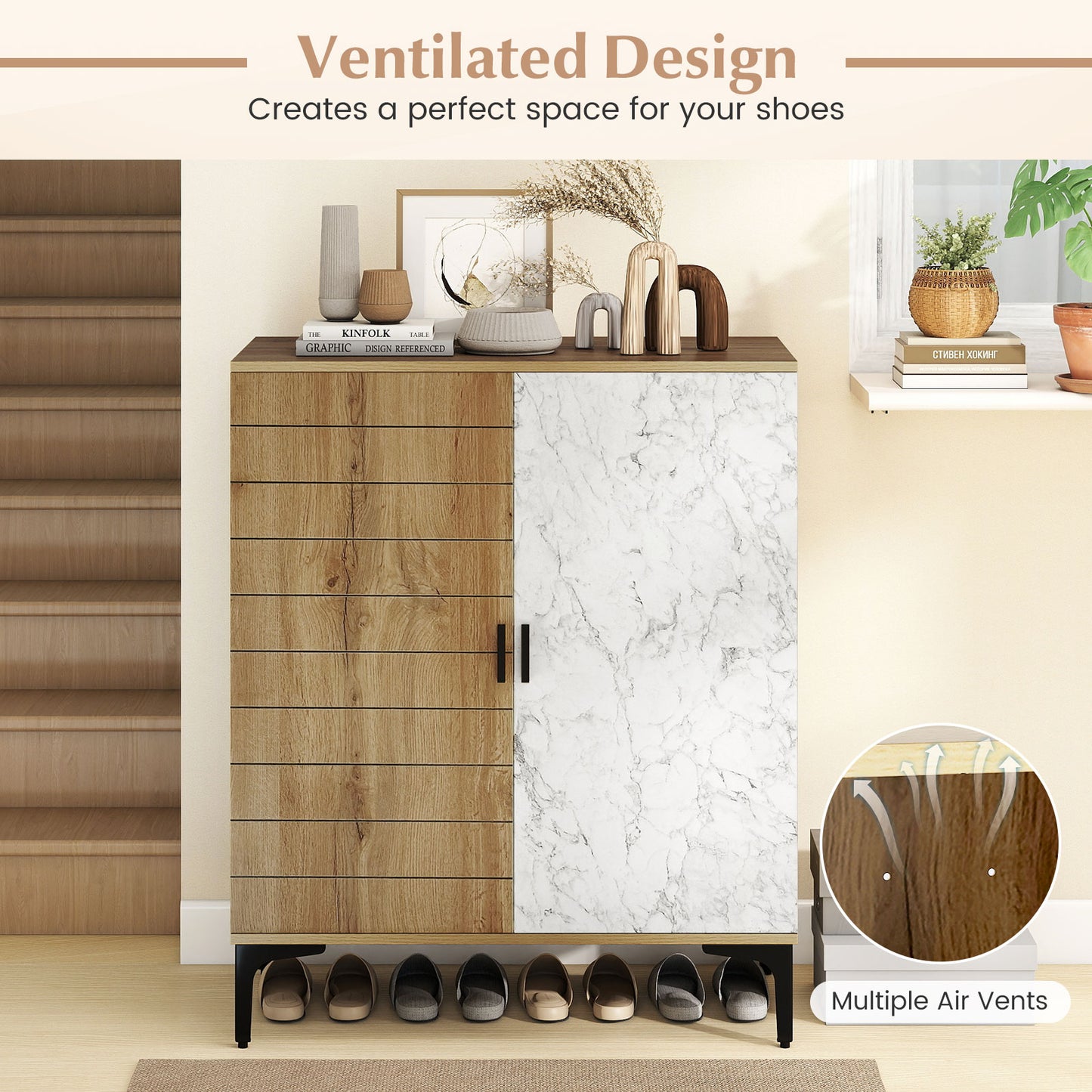 4 Tier Farmhouse Shoe Storage Cabinet with Removable Shelves and Metal Legs, Oak Shoe Racks & Storage Benches at Gallery Canada