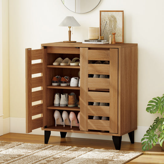 4-Tier Farmhouse Shoe Organizer with Louvered Door, Natural Shoe Racks & Storage Benches Natural at Gallery Canada