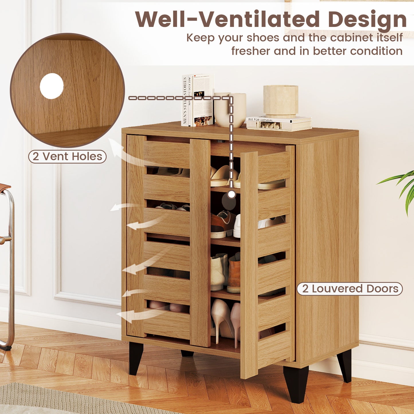 4-Tier Farmhouse Shoe Organizer with Louvered Door, Natural