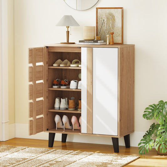 4-Tier Farmhouse Shoe Organizer with Louvered Door-Natural and White, Natural & White Shoe Racks & Storage Benches Natural & White at Gallery Canada