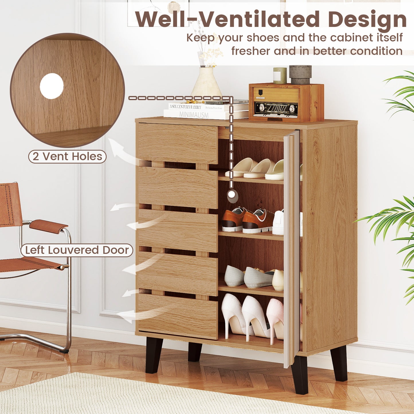 4-Tier Farmhouse Shoe Organizer with Louvered Door-Natural and White, Natural & White