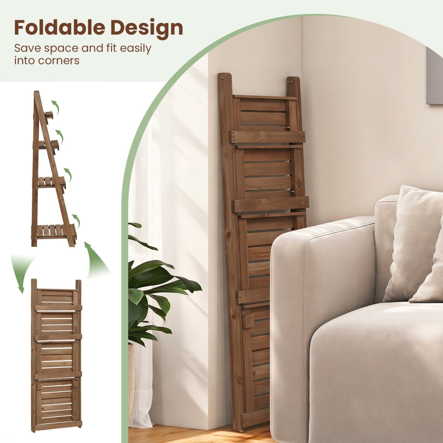 Foldable Plant Stand, 4-Tier Slatted Shelves, Brown