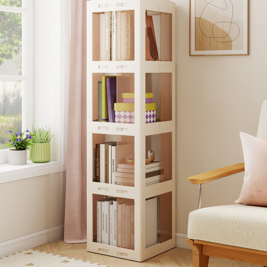 4-Tier Foldable Rotating Bookshelf with Swivel Base and Translucent Panels, White Bookcases White at Gallery Canada