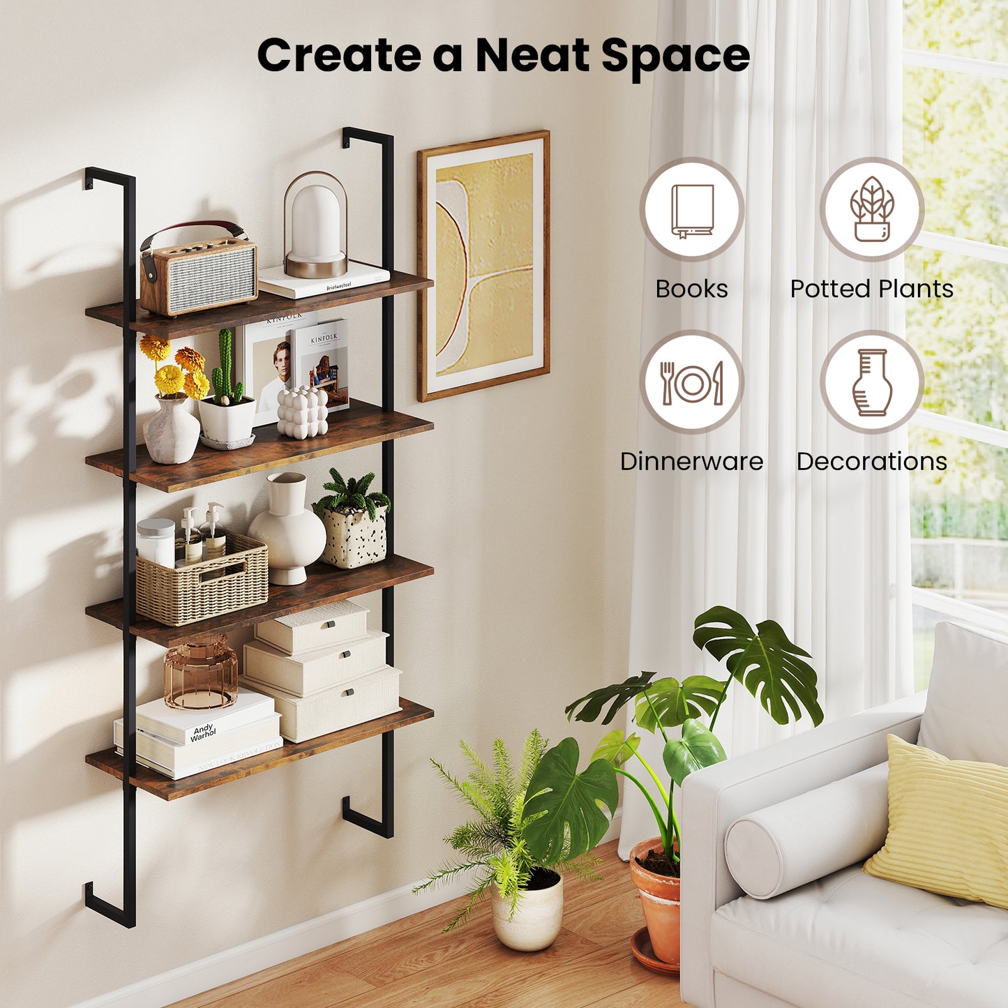 4-Tier Industrial Ladder Bookshelf, Metal Frame, Brown Bookcases at Gallery Canada