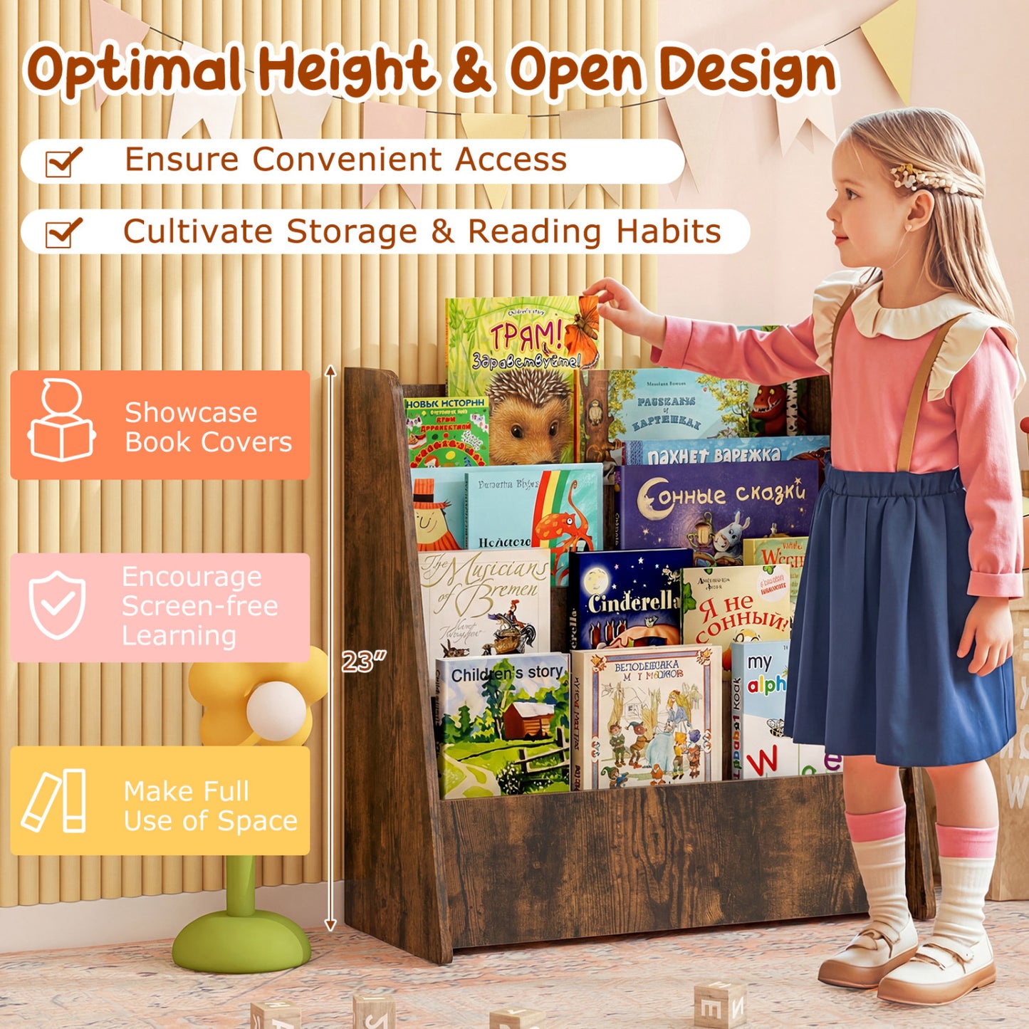 4-Tier Kids Bookshelf, Deep Compartments, Rustic Brown Kids Storage at Gallery Canada