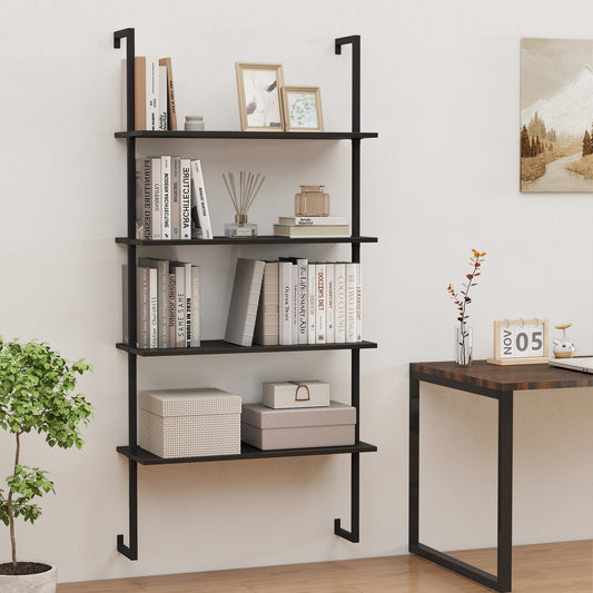 4-Tier Ladder Shelf Open Wall Mounted Bookcase with Wooden Boards and Metal Frame, Black