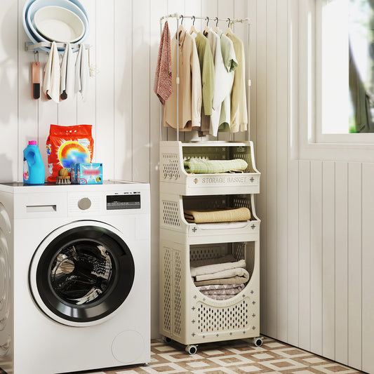 4-Tier Laundry Cart, Folding Hamper With Hanging Bar, 8 Hooks, Beige Laundry Baskets Beige at Gallery Canada